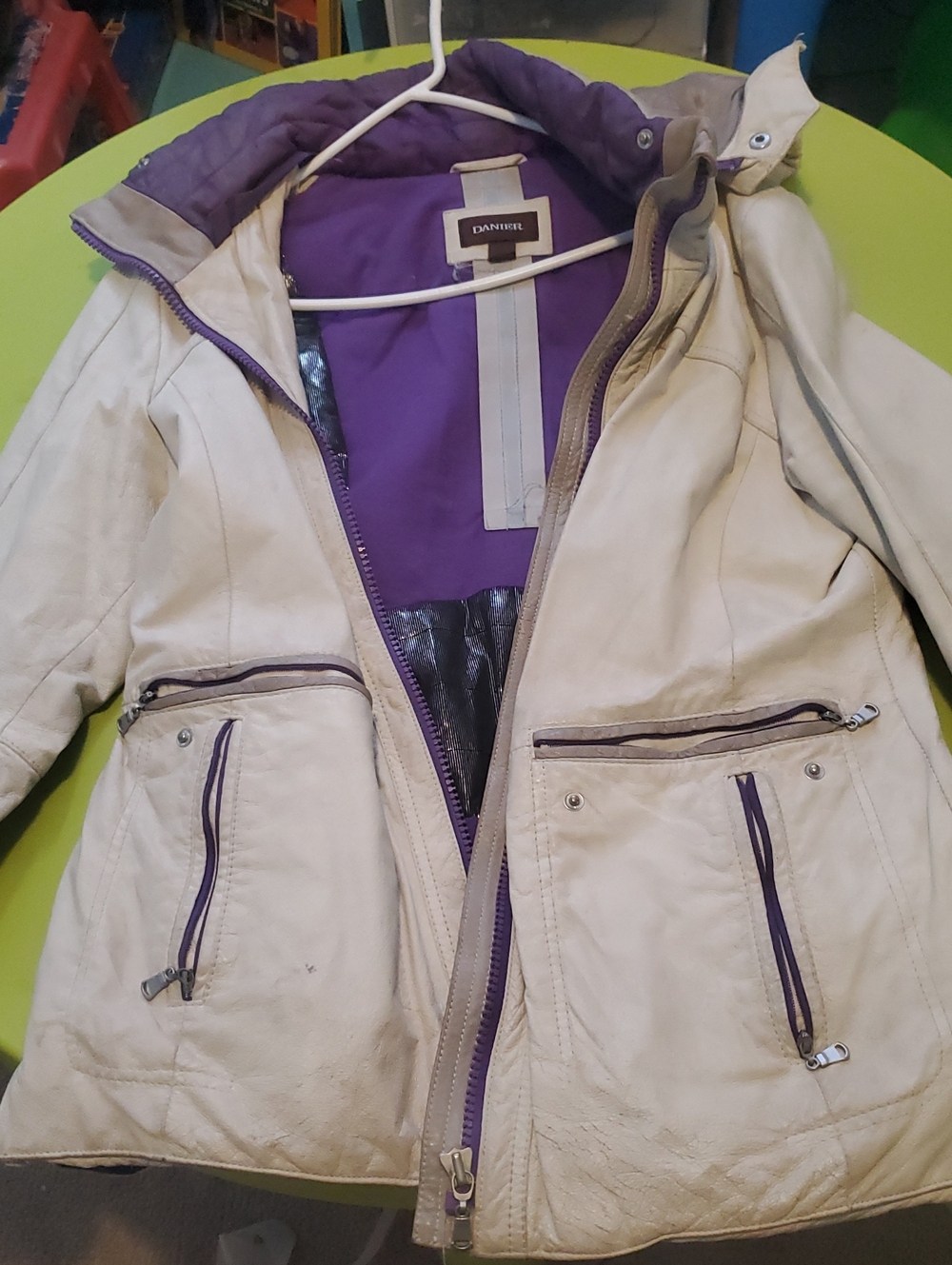 Danier Cream Leather Puffer Jacket with Purple Lining